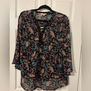 Lace-Up Floral Blouse in Black and Teal floral print